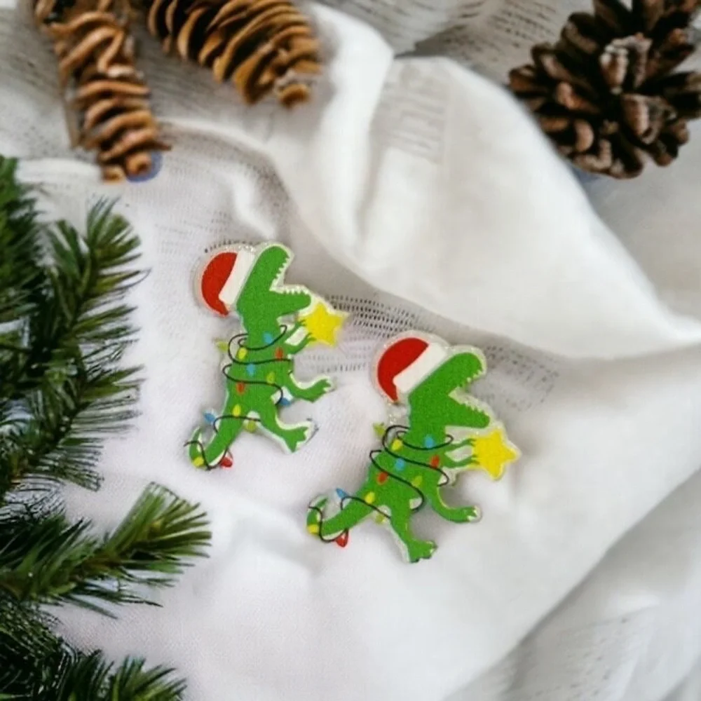 Dino-Mite Christmas Studs: Quirky Holiday Earrings for dino lovers! NWT Dinosaur